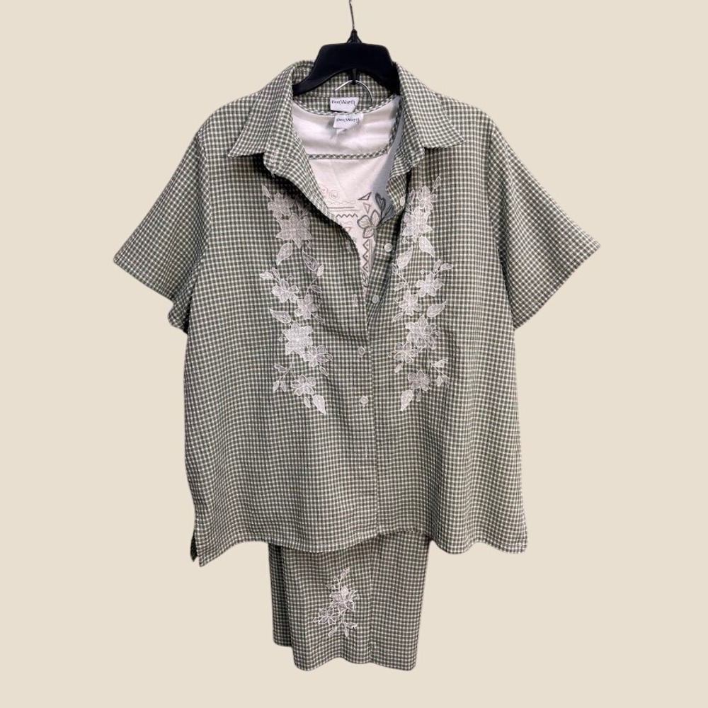 BonWorth 3 Piece Set Sage Green Gingham Embroidered Shirt Pants Top XL